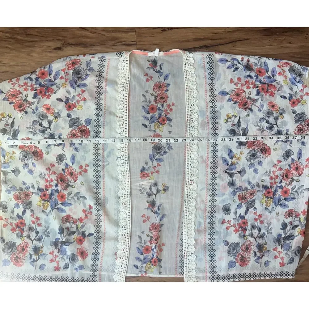 Maurices Crochet Trim Floral Kimono Ivory Coral Blue Sheer Lightweight Long S/M - Picture 9 of 9
